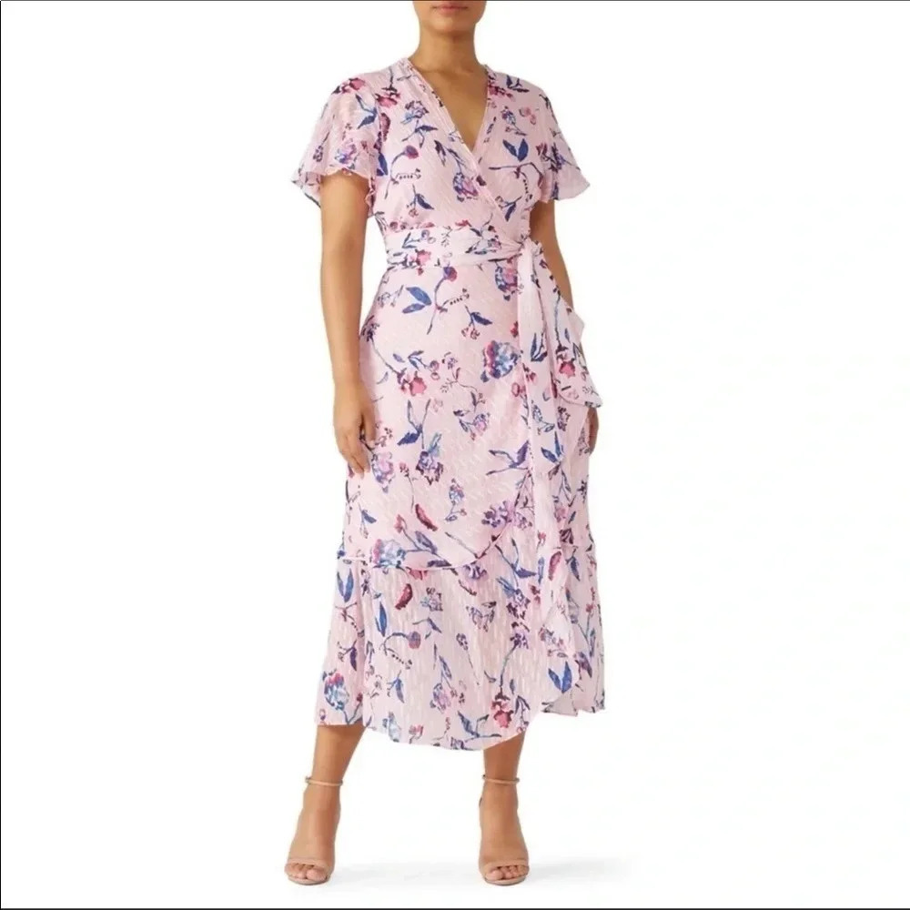 Tanya Taylor Blaire Pink Floral Silk Ruffle MIDI Dress Faux Wrap Flowers 2
